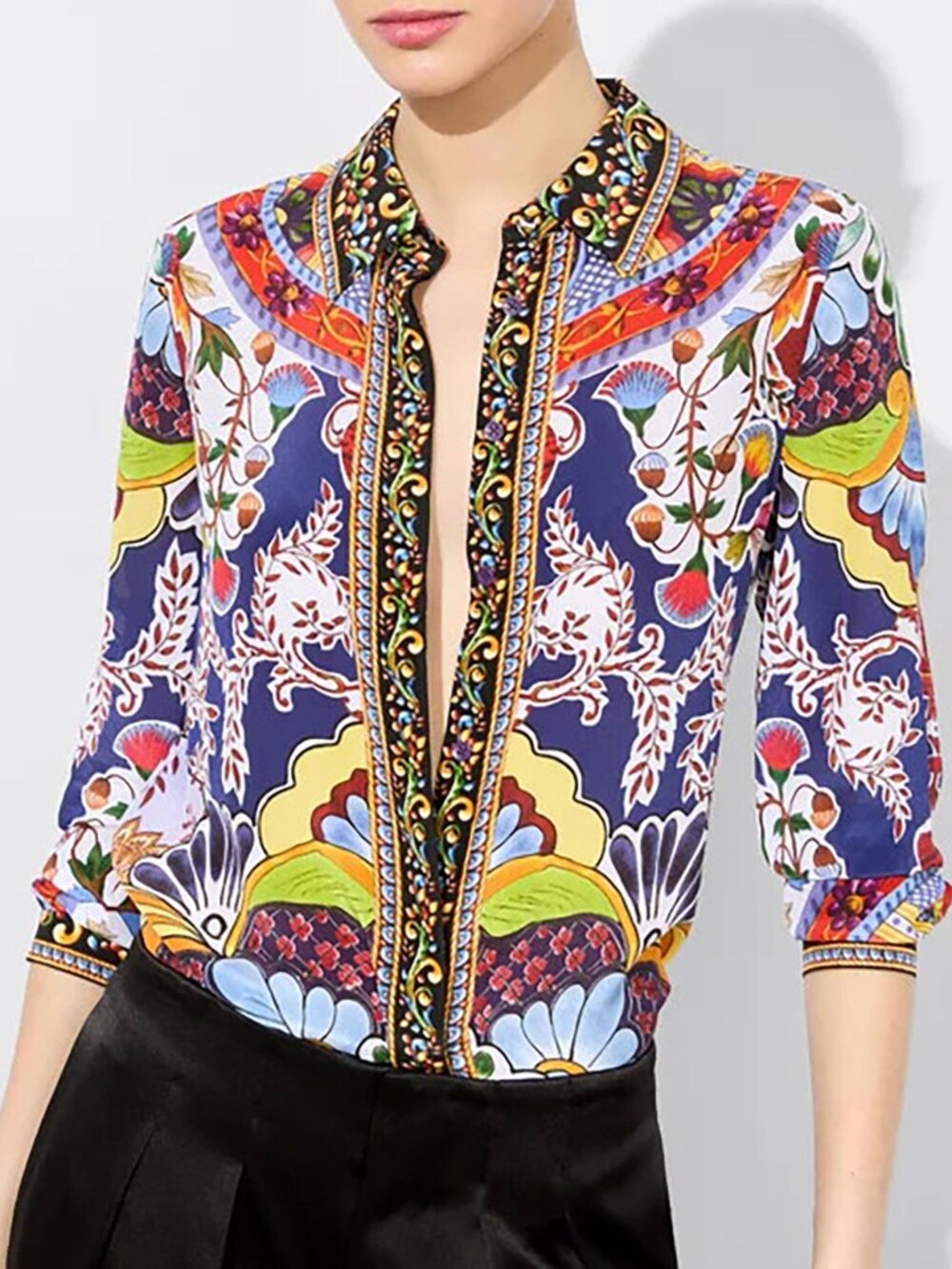 NWT Alice + Olivia Willa On The Road Print Shirt Blouse Silk Colorful Floral M